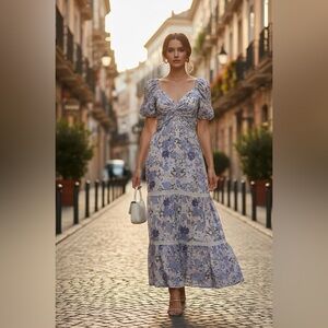 Elegant Floral Maxi Dress with Puff Sleeves